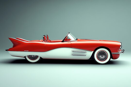 Classic red car on the street at night.