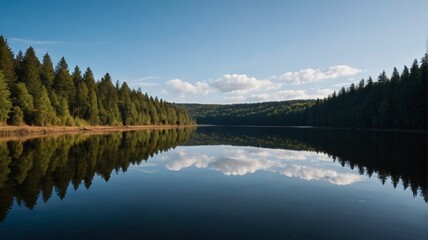 trees are reflected in the water of a lake surrounded by forest