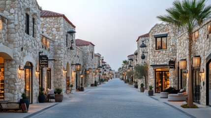 Obraz premium Serene Stone Street: An Evening Stroll Through Luxurious Shops