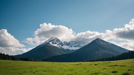 Fototapeta premium mountains with snow on them and a green field with trees