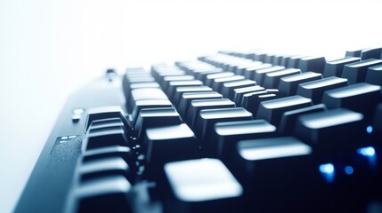 Close up view of a black computer keyboard with subtle blue lighting, shallow depth of field, and a bright white background