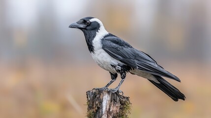 Fototapeta premium Hooded crow perched on a mossy wooden post in a misty autumn field.