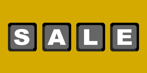 Letter combination S,A,L,E means sale. Clip art keyboard button isolated on yellow background. Keyboard digital shortcut graphic resource