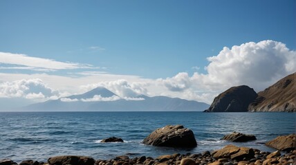 rocky shore with a large rock in the middle of it
