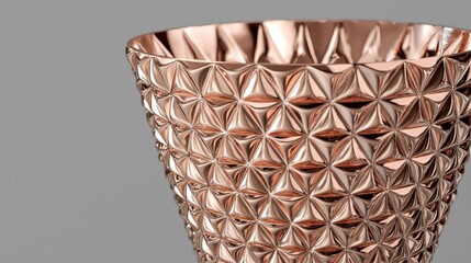 Rose gold decorative vase close-up,  geometric pattern against gray background.  Possible use home decor