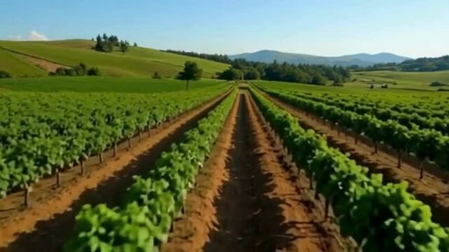 Drone flyover of vineyard rows in countryside