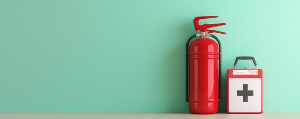 A fire extinguisher and first aid kit against a mint green wall.