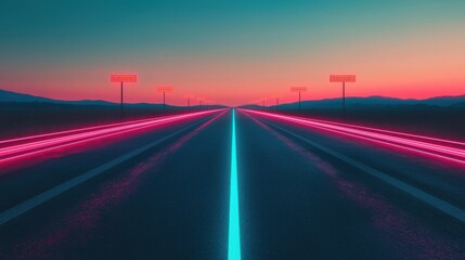 A futuristic highway illuminated by neon lights at sunset.