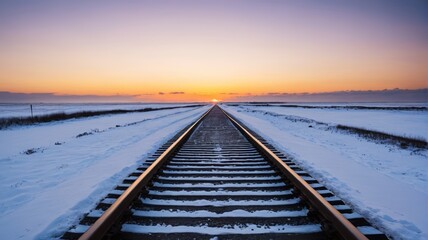 Fototapeta premium arafed train tracks in the snow with a sunset in the background