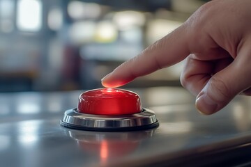Close up of hand pressing red button on old metal background. Selective focus.
