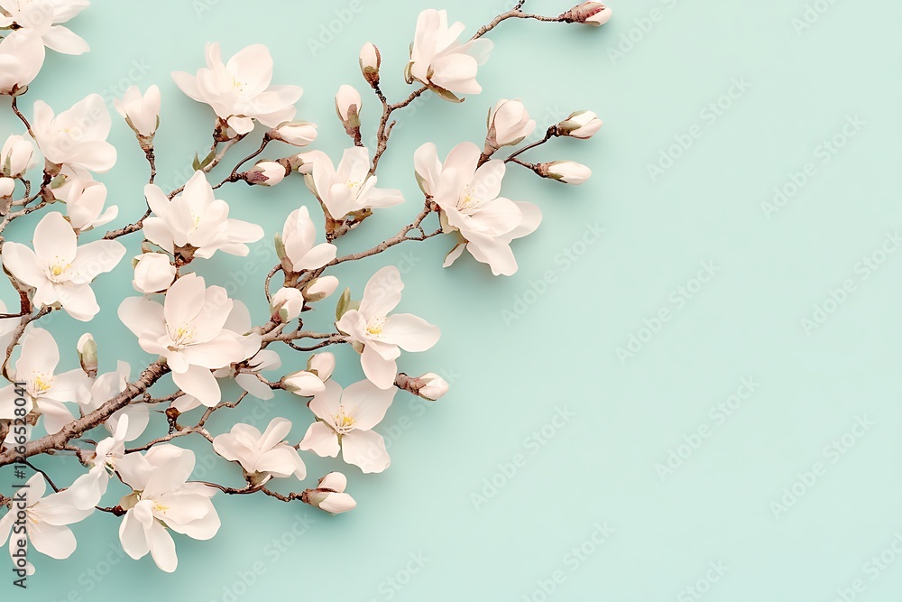 Sticker Magnolia flowers branch. Pastel background. Spring concept, for cards, invitation, promotions