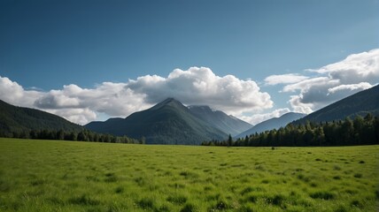 Fototapeta premium there is a large field of grass with mountains in the background
