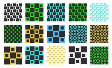 Collection of vibrant checkered patterns with colorful linear squares. Geometric grid and block y2k designs perfect for modern wallpapers and backgrounds. High quality vector with a trendy aesthetic