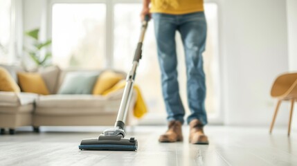 Cleaning a floor with a vacuum cleaner indoors