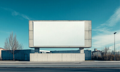 Obraz premium a photo of a modern office building with white, blank billboard in front of it; the building is mainly made of concrete and is located in the outskirts of vienna