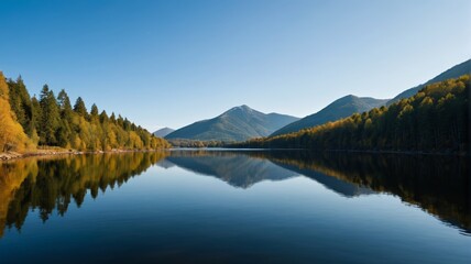 trees are reflected in the water of a lake with mountains in the background