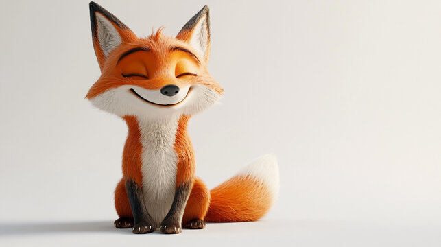 Charming cartoon fox with a joyful smile sitting on a plain background, radiating happiness and whimsy in its extyession