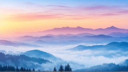 Fototapeta premium Misty mountain ridges at sunrise with pastel colorful sky layers