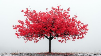Vibrant Red Tree in Foggy Landscape. Generative AI
