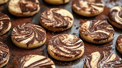 Fototapeta premium Delicious Marble Swirl Cookies with Chocolate Dusting Close-up