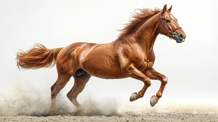 Obraz premium Running horse kicking up dust on sandy terrain. Generative AI