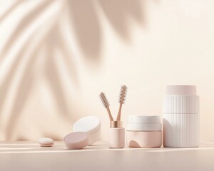 Minimalist beauty products arranged on a light background with soft shadows.