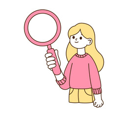 A woman looking at it with a magnifying glass.