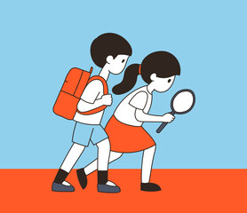 A students looking at it with a magnifying glass.