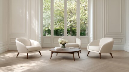 Elegant cream armchairs & coffee table in sunlit room.  Perfect for waiting room or home design