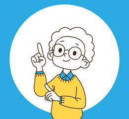 The man in glasses is pointing his finger up.