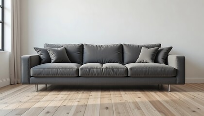 Modern Grey Sofa with Pillows against a White Wall and Wooden Floor