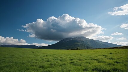 there is a large green field with a mountain in the background