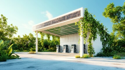 Abandoned gas station with greenery and solar panels under sunlight.