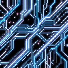 Abstract Circuit Board: Glowing blue and white lines intersect on a dark background, creating a dynamic and futuristic circuit board pattern. Perfect for technology backgrounds and designs.