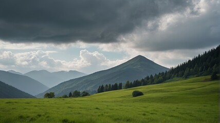 mountains and trees in the distance with a green field in the foreground