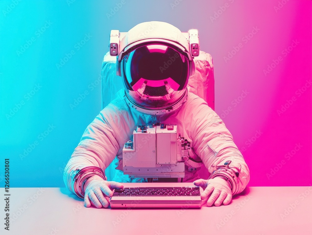 Poster an astronaut working on a computer in vibrant digital colors.