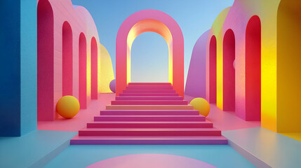 Colorful Archways and Stairway with Spheres 3d Rendering Background