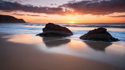 sunset on a beach with two rocks in the water