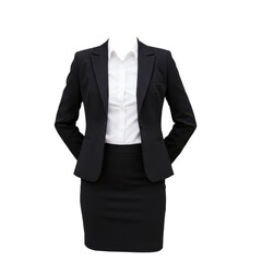 Classic women's suit with full skirt design featuring black blazer and matching skirt for professional look
