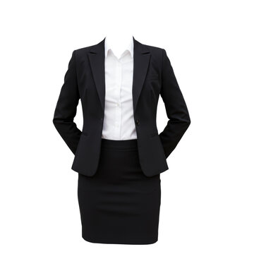 Classic women's suit with full skirt design featuring black blazer and matching skirt for professional look