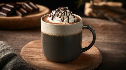 Rich mocha coffee topped with whipped cream and chocolate drizzle