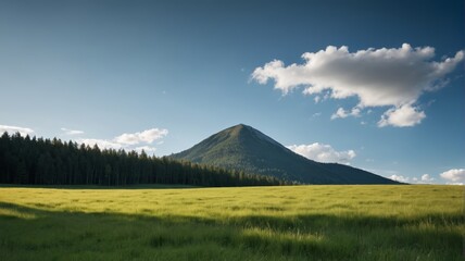 Fototapeta premium there is a large grassy field with a mountain in the background