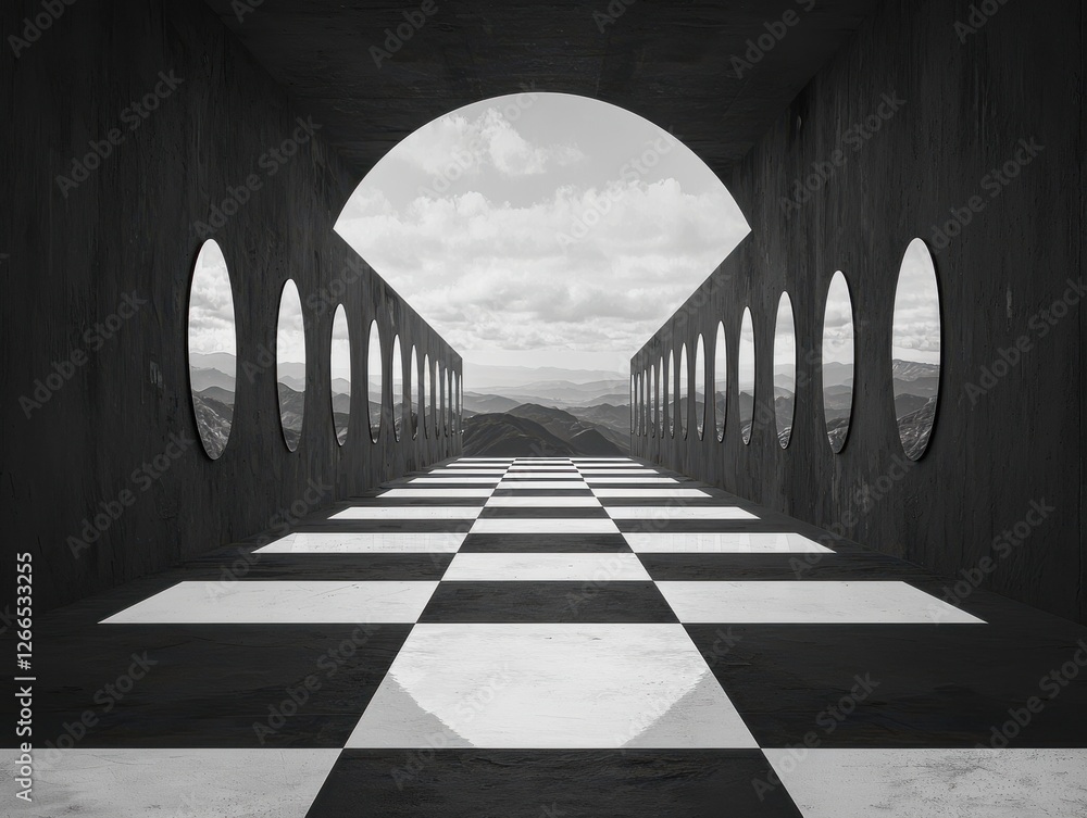 Poster monochrome architectural space with circular windows and patterns.