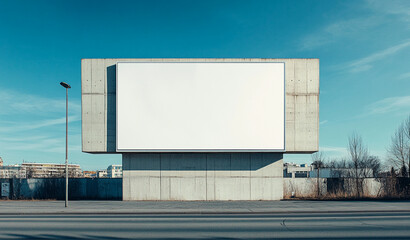 Obraz premium a photo of a modern office building with white, blank billboard in front of it; the building is mainly made of concrete and is located in the outskirts of vienna