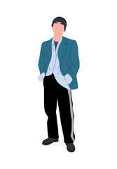 Street fashion men. Stylish guy walking, wearing trendy vintage outfit, sport pants, jacket, hat, sneakers. Vector realistic illustration isolated on white background.