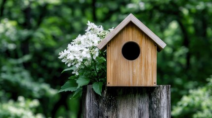 Wooden birdhouse with white flowers in garden