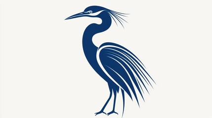 A stylized blue heron illustration with elegant lines and details.