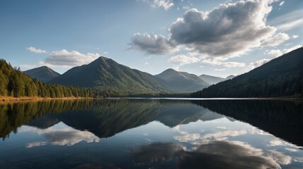 mountains are reflected in the still water of a lake