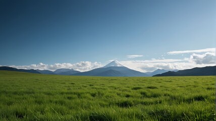 Fototapeta premium grassy field with mountains in the distance and a blue sky