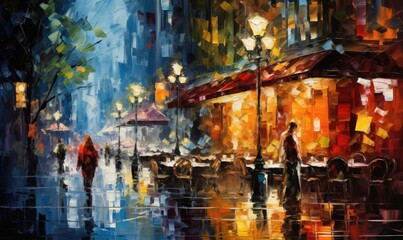 Naklejka premium City street scene. Person walking along the sidewalk. Cafe background. Rainy, wet road. For canvas